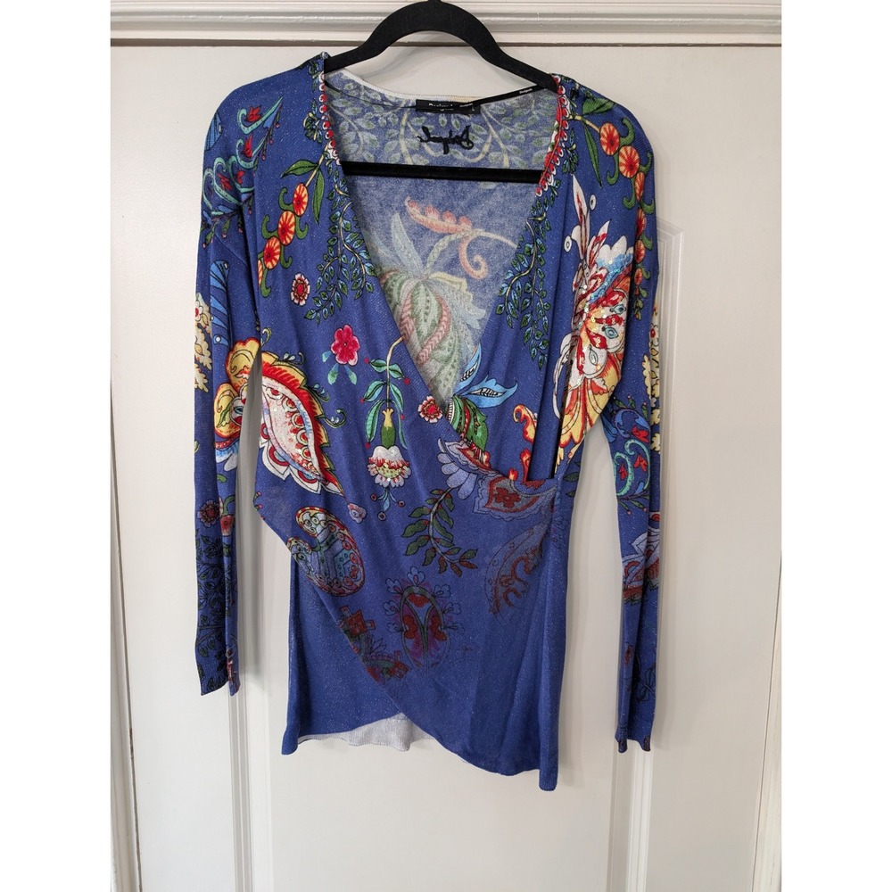 Desigual Blue Floral Paisley Sequin Wrap Front Metallic Knit Top Large artsy